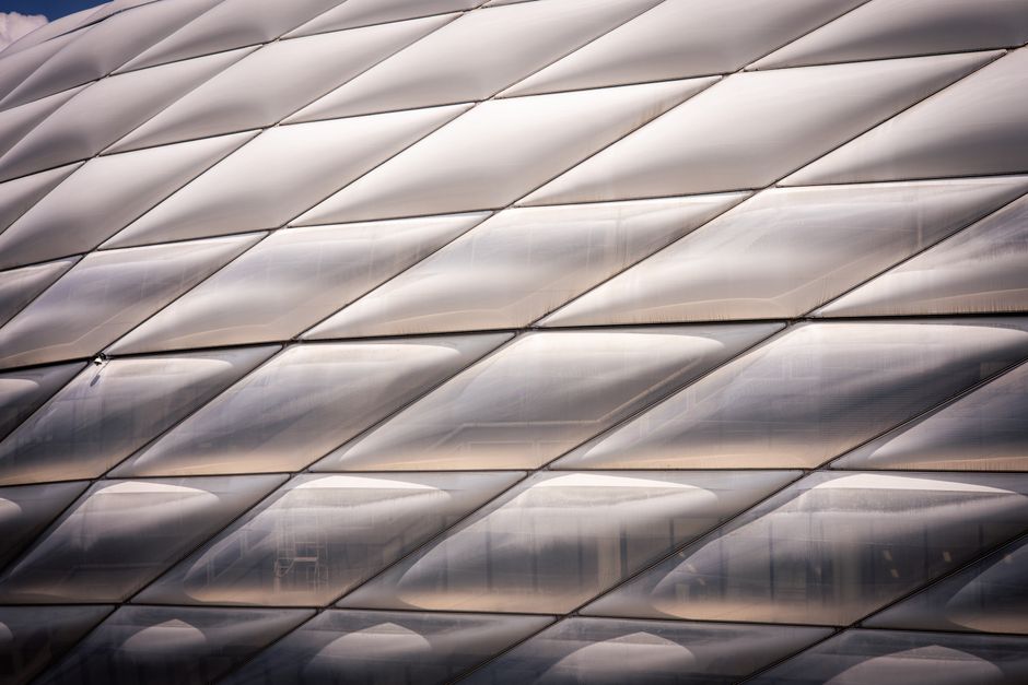 Detailed view of Allianz Arena showing its modern, geometric architectural elements in Munich, Germany.